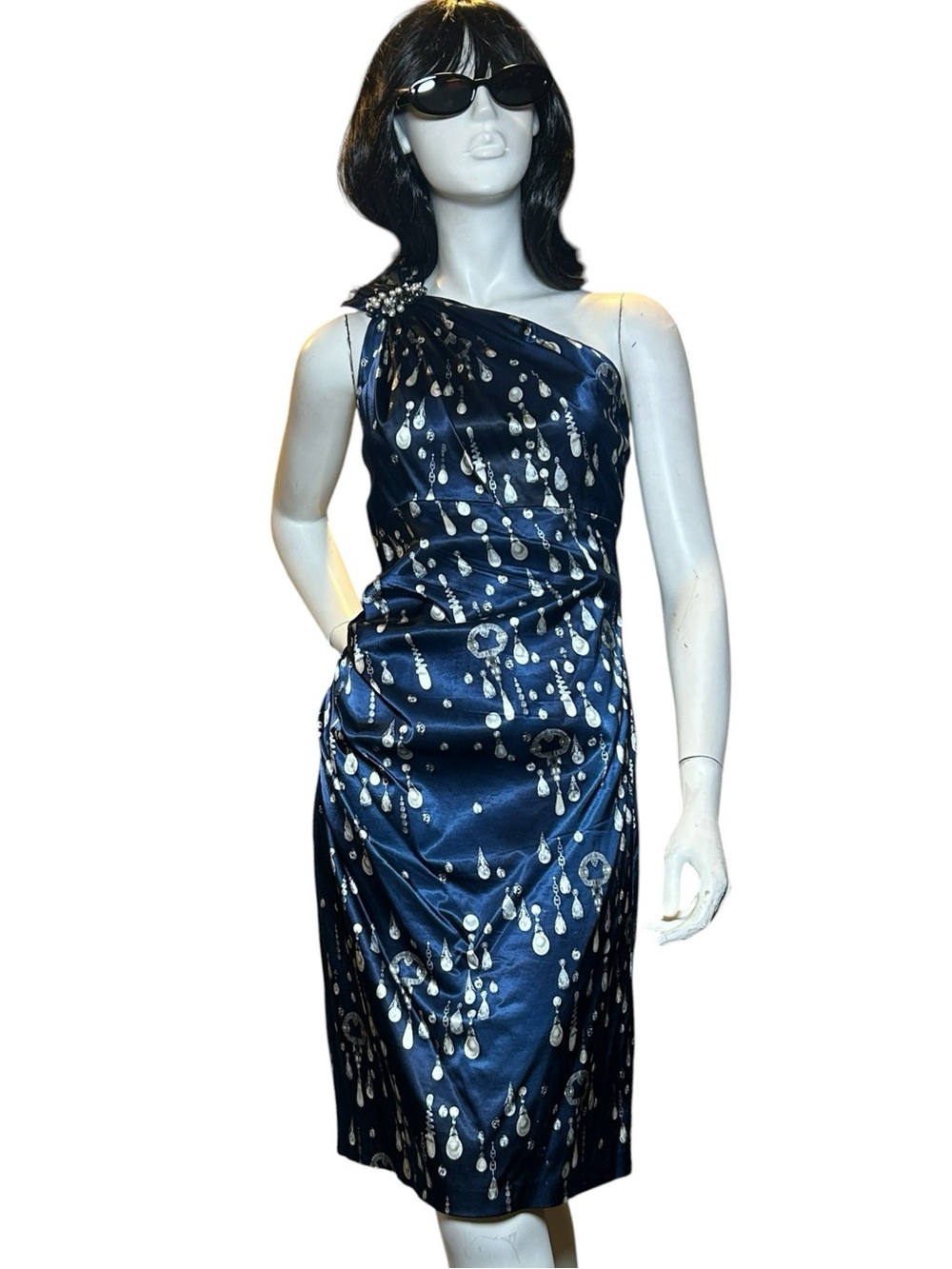 David Meister One Shoulder Satin Cocktail Dress Navy Pearl Jewelry Print Size 12
